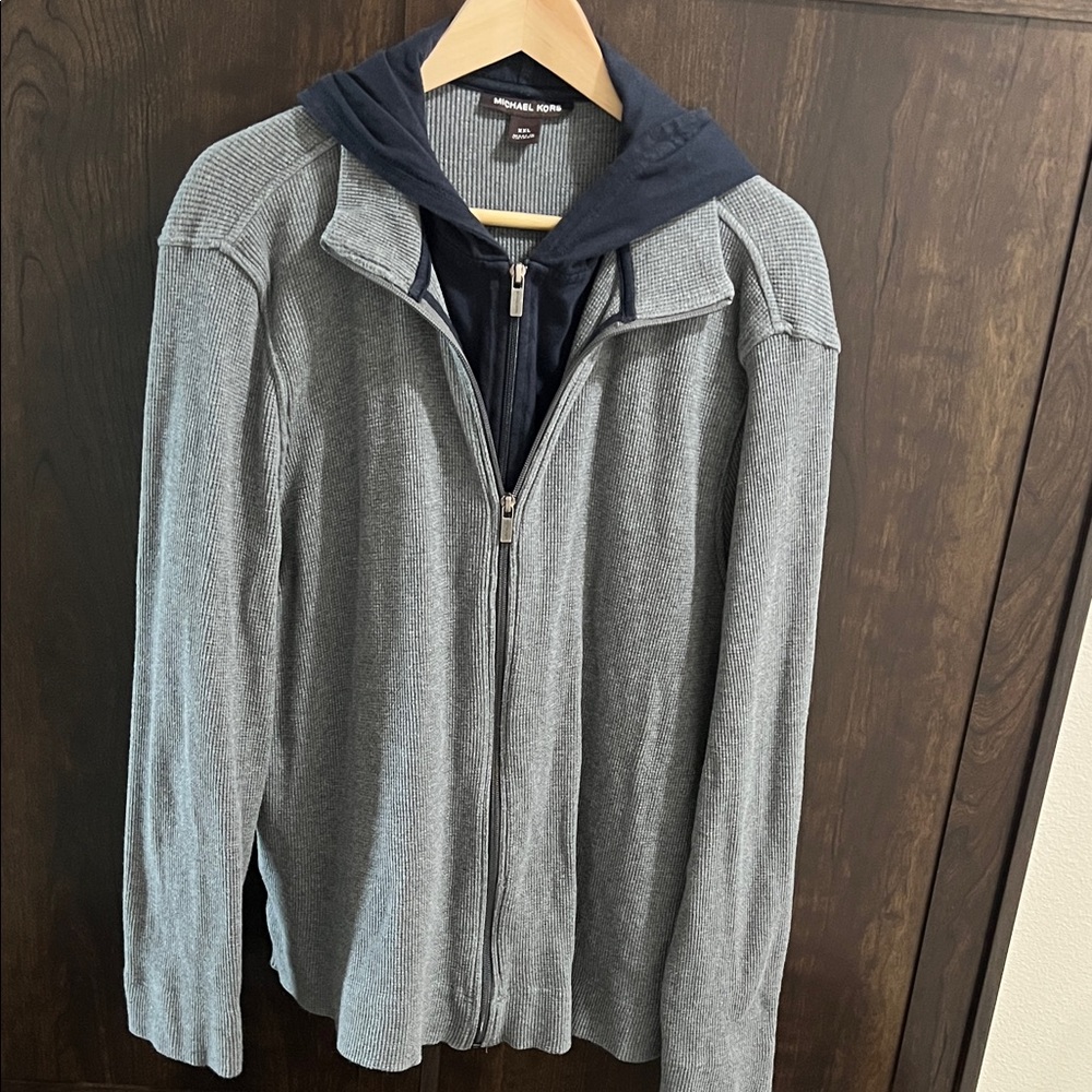 Michael Kors Men's Gray Zip-Up Sweater with Navy Hoodie Layer